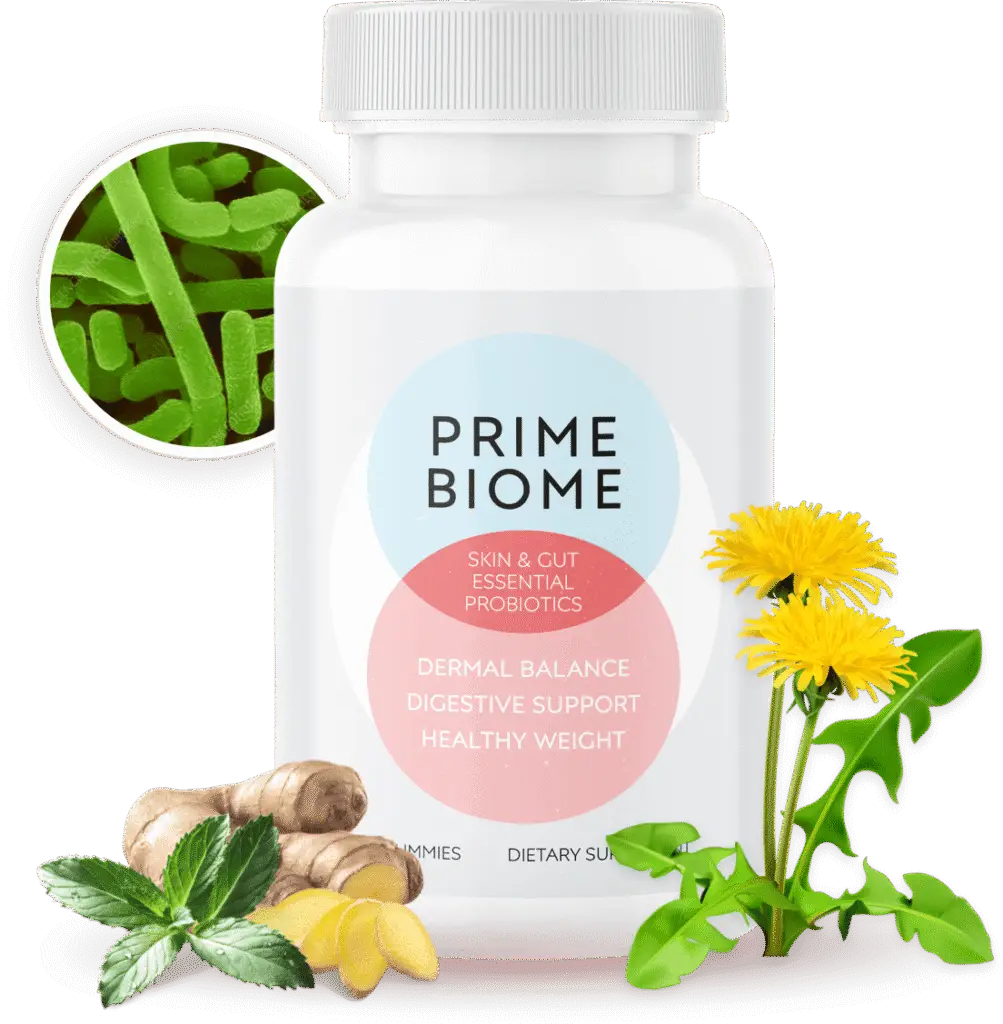Prime Biome supplement bottle for skin and gut health support