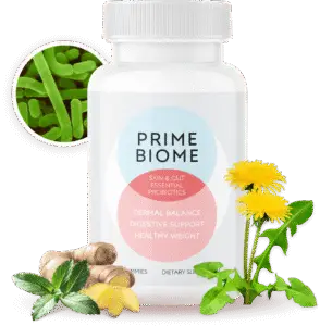 Prime Biome supplement bottle for skin and gut health support